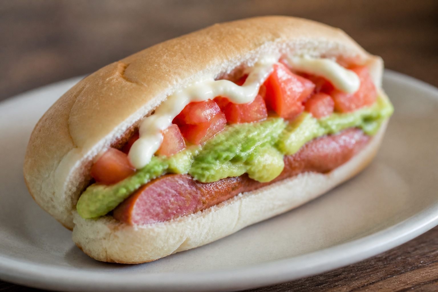 Close serving view of a Chilean completo with sausage, tomato, avocado, and mayonnaise.