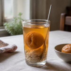 A glass of Chilean mote con huesillos with amber peach syrup, a dried peach, and cooked wheat.