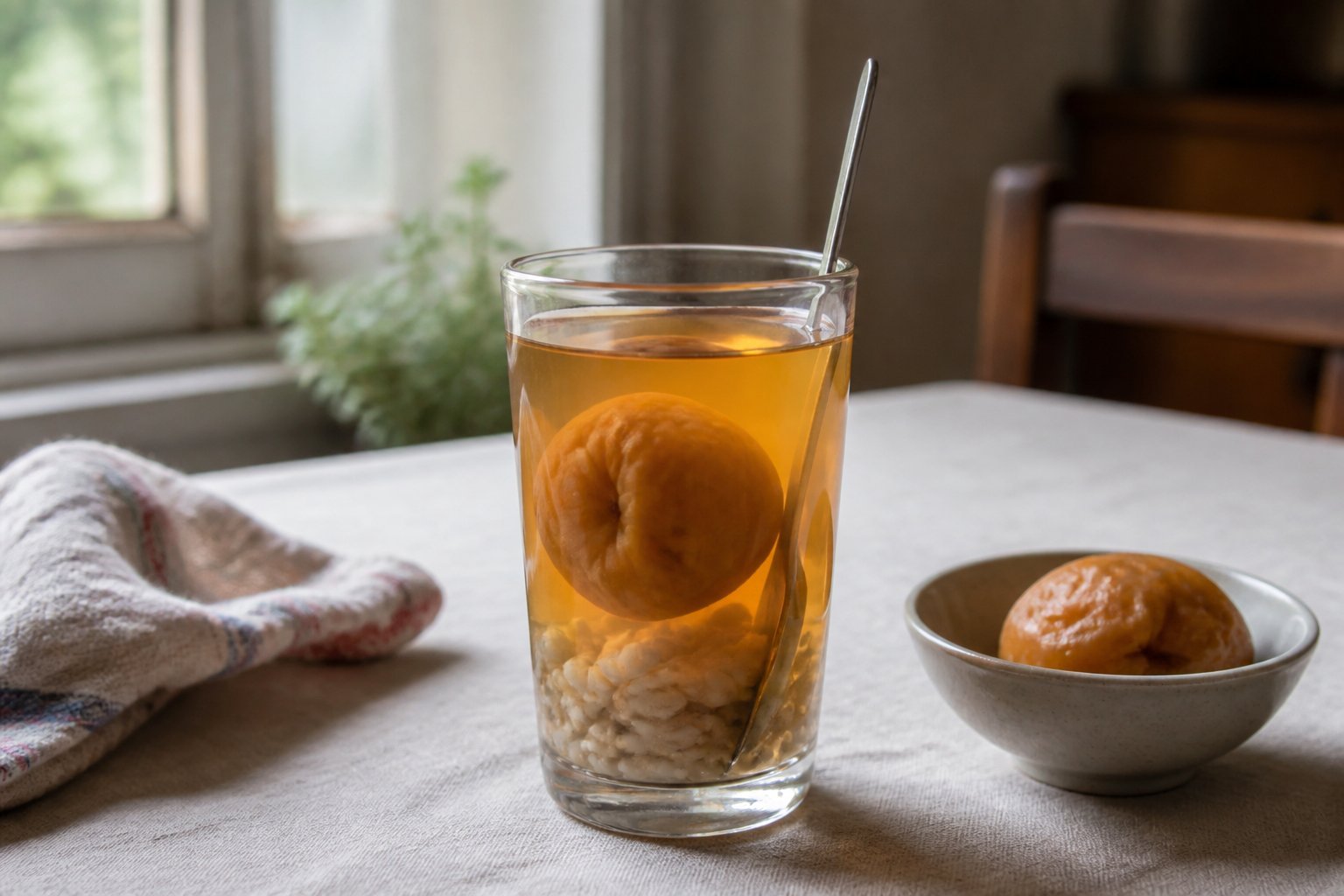 A glass of Chilean mote con huesillos with amber peach syrup, a dried peach, and cooked wheat.