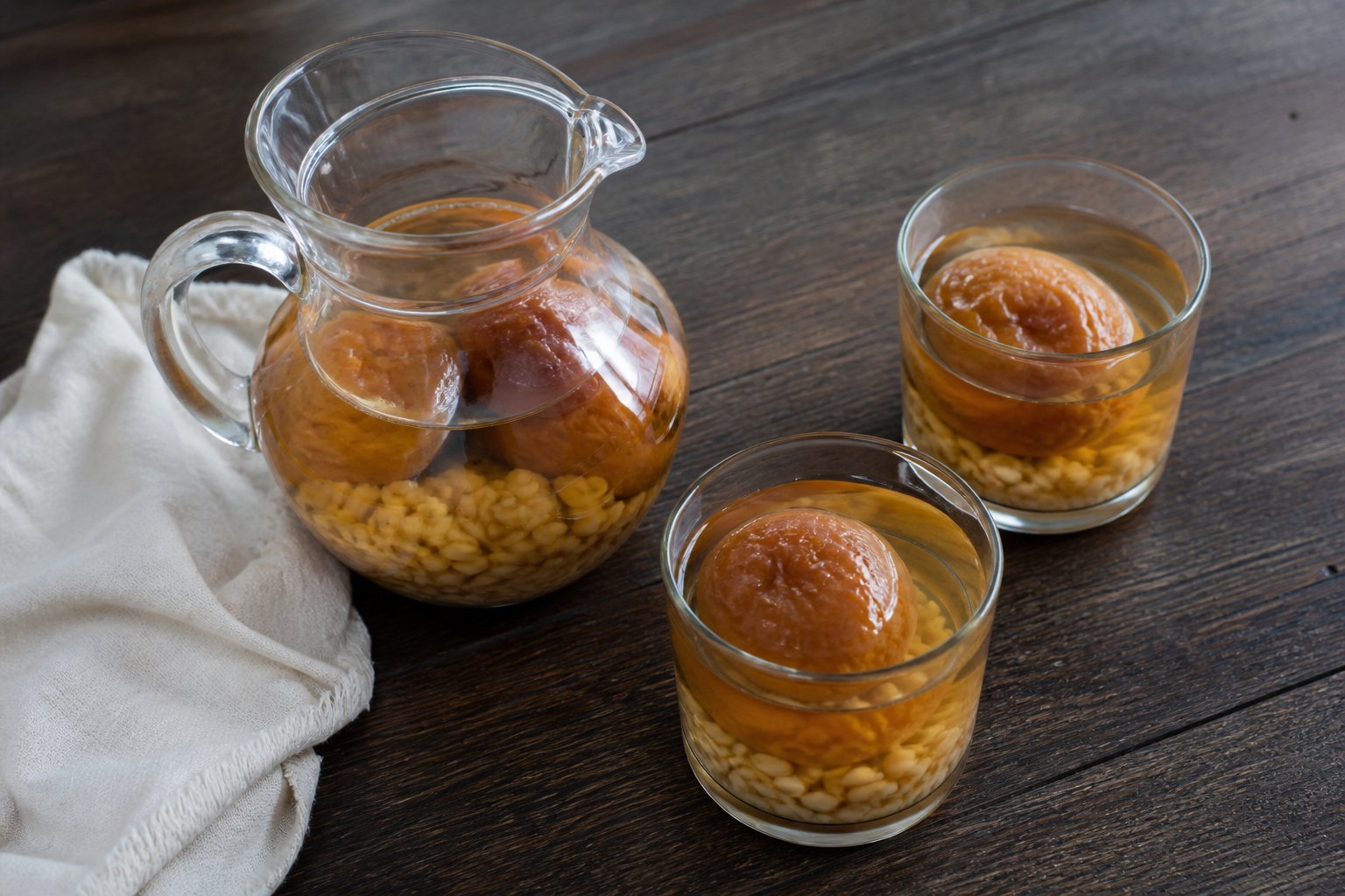 A pitcher and two glasses of Chilean mote con huesillos with peaches and cooked wheat.