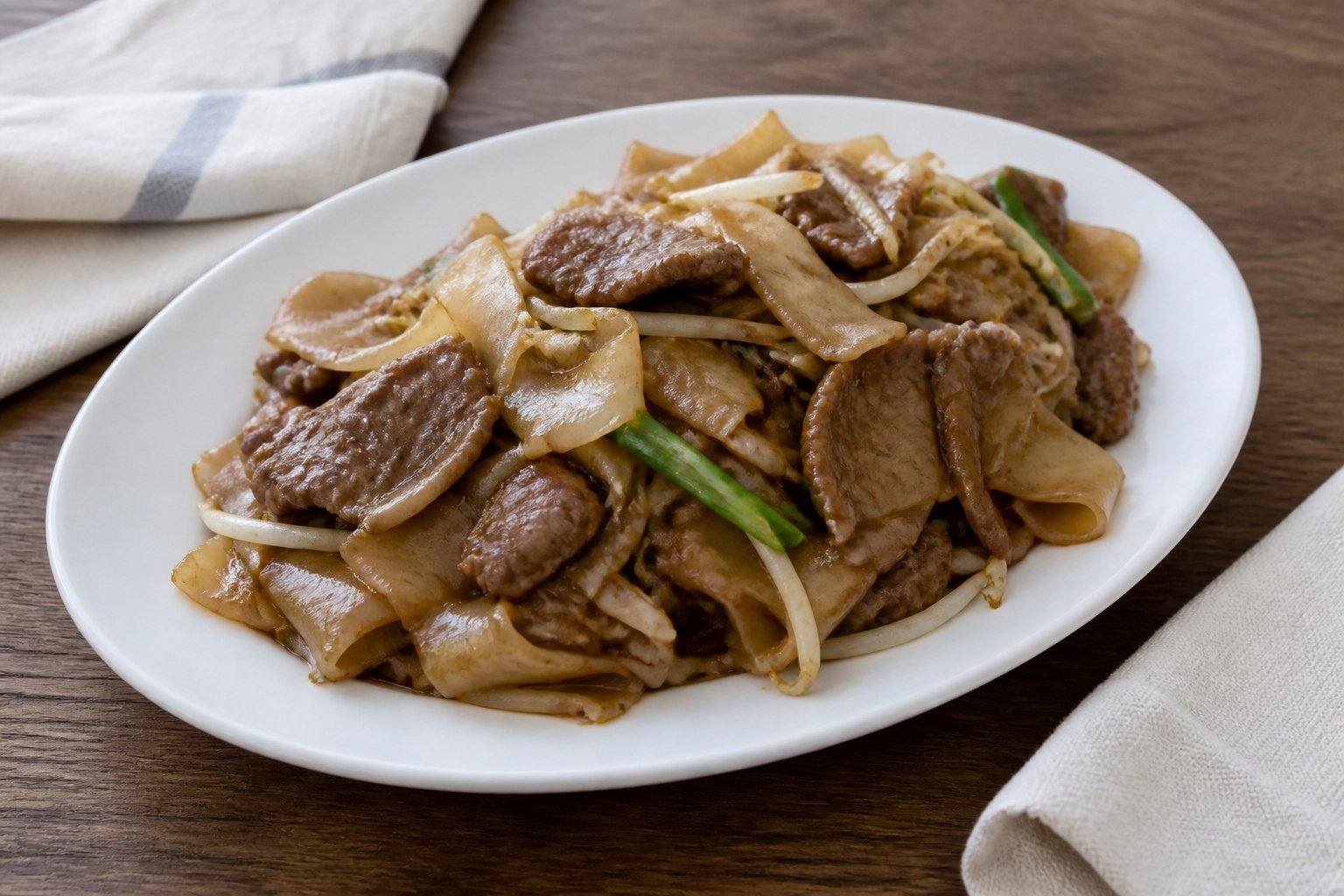 Cantonese beef chow fun with broad rice noodles, bean sprouts, and scallions.