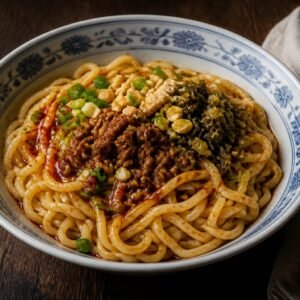 A bowl of Sichuan dan dan noodles topped with pork, greens, peanuts, and chili oil.