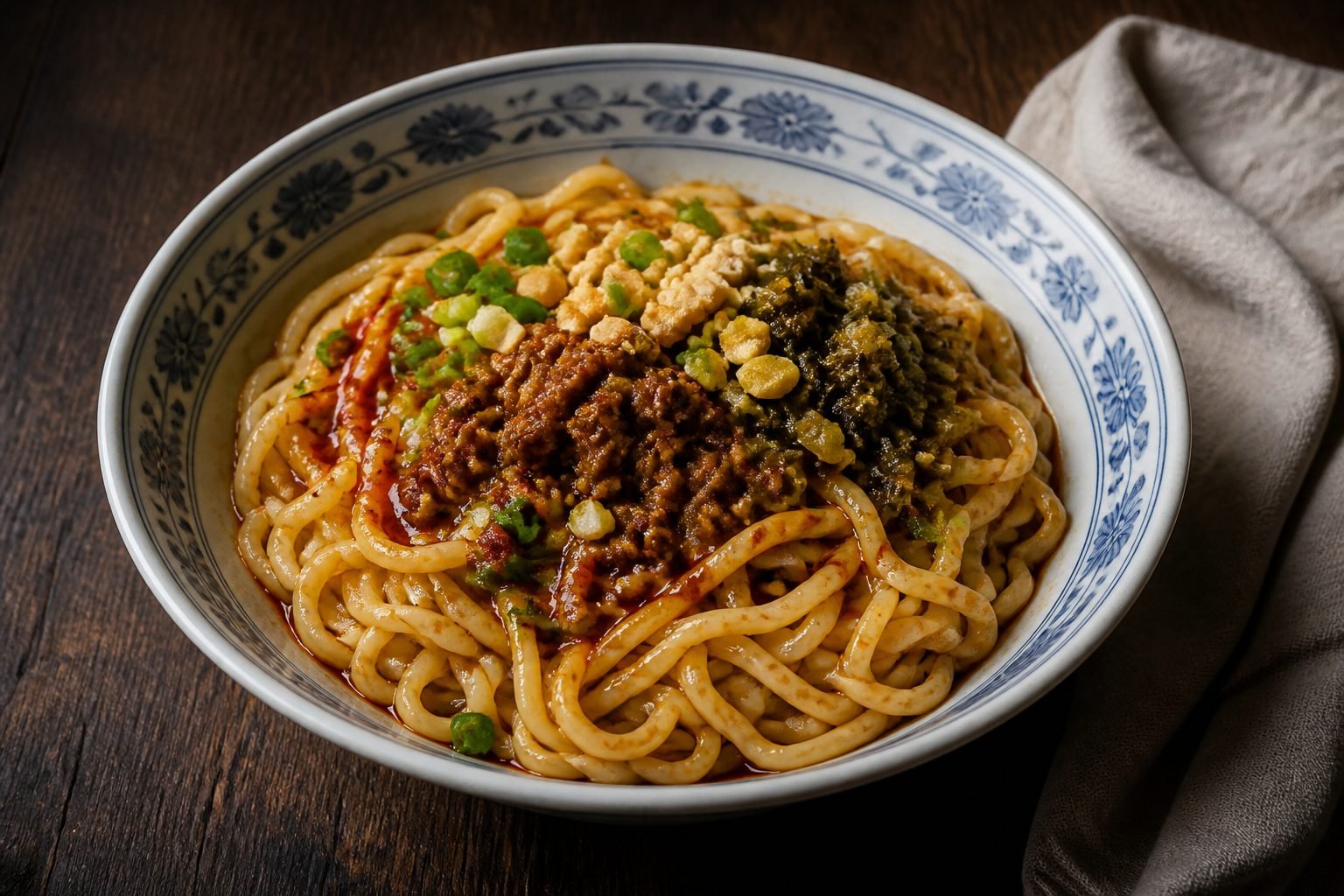 A bowl of Sichuan dan dan noodles topped with pork, greens, peanuts, and chili oil.