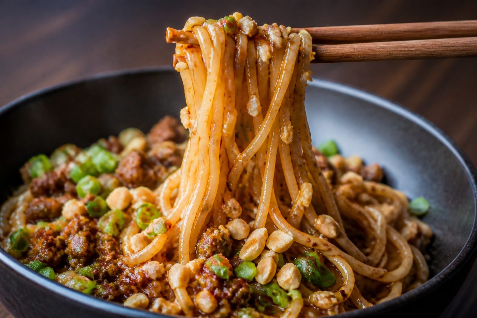 Sauce-coated dan dan noodles lifted from a bowl with chopsticks.