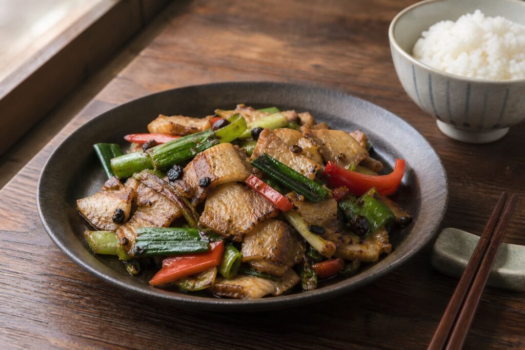 Sichuan twice-cooked pork with green garlic, peppers, and rice.