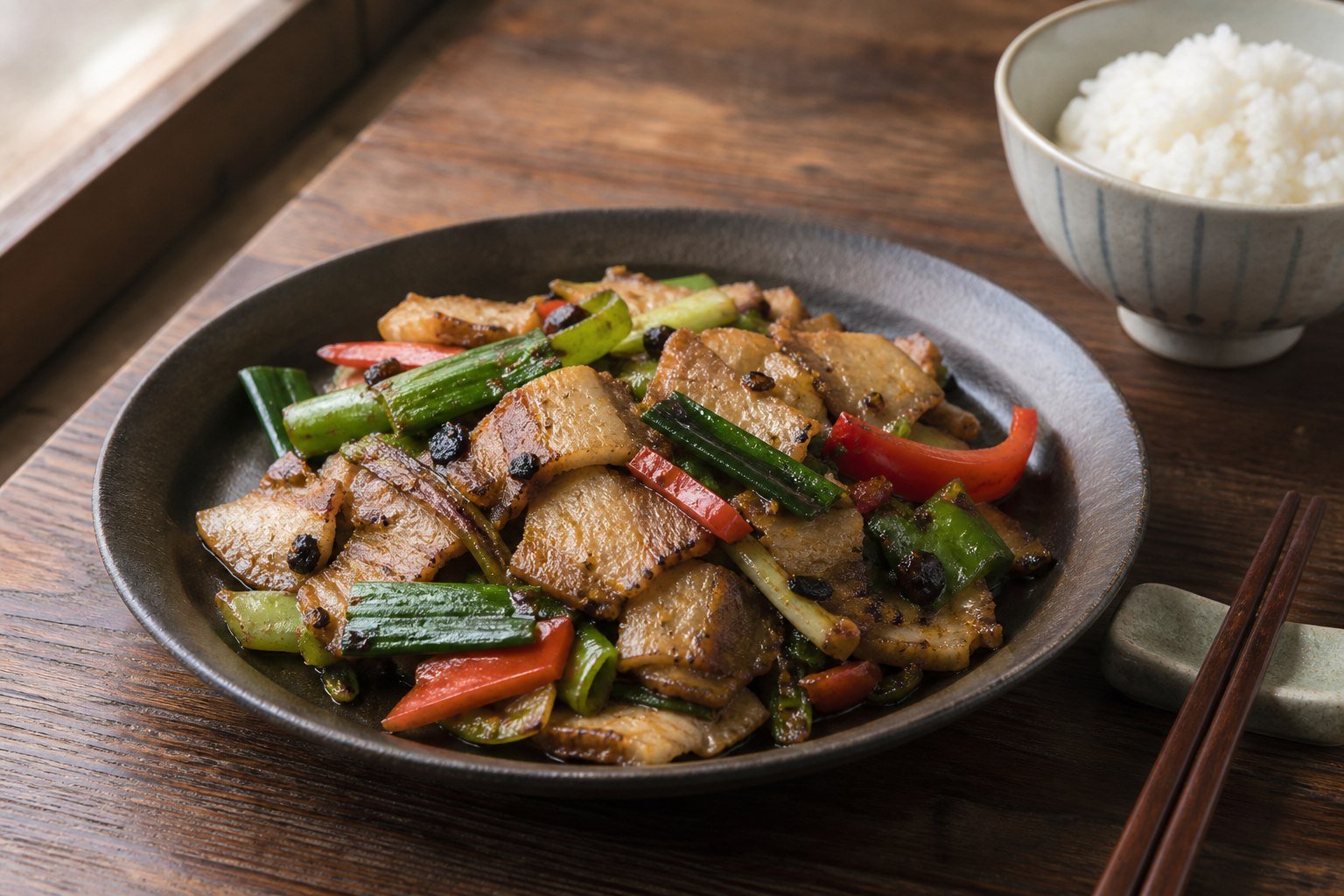 Sichuan twice-cooked pork with green garlic, peppers, and rice.