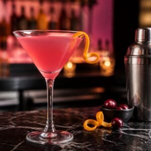 Classic Cosmopolitan cocktail in a chilled martini glass with a vivid pink color and orange twist.