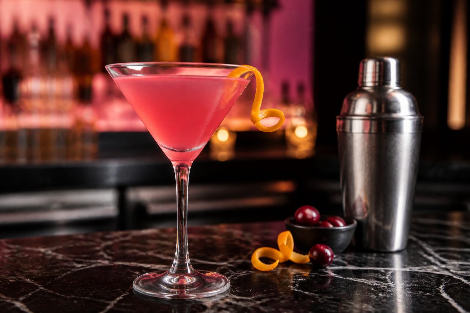 Classic Cosmopolitan cocktail in a chilled martini glass with a vivid pink color and orange twist.