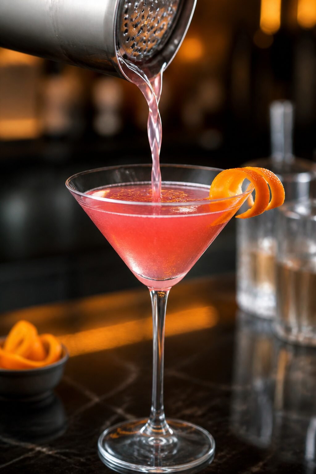 A vivid pink Cosmopolitan being strained from a cocktail shaker into a chilled martini glass.