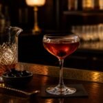 Classic Manhattan cocktail in a chilled coupe glass with amber whiskey color and a brandied cherry.