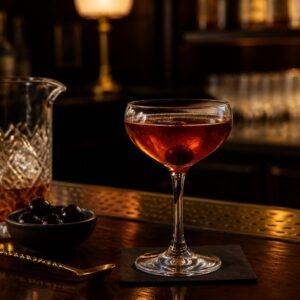 Classic Manhattan cocktail in a chilled coupe glass with amber whiskey color and a brandied cherry.