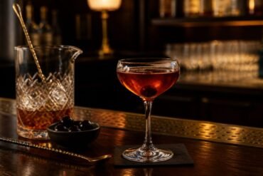 Classic Manhattan cocktail in a chilled coupe glass with amber whiskey color and a brandied cherry.