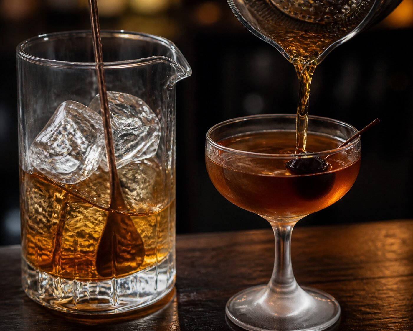 A classic Manhattan being stirred with ice in a mixing glass before straining into a coupe.