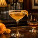 Classic Sidecar cocktail in a sugar-rimmed coupe glass with a golden color and orange twist.