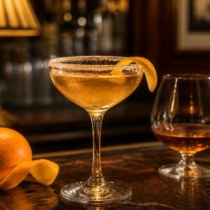 Classic Sidecar cocktail in a sugar-rimmed coupe glass with a golden color and orange twist.