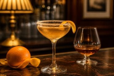 Classic Sidecar cocktail in a sugar-rimmed coupe glass with a golden color and orange twist.