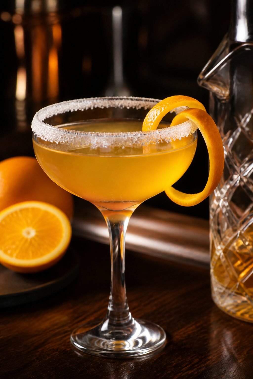 A golden Sidecar cocktail with an orange twist and sugar rim being finished at a cocktail bar.