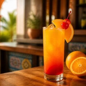 Classic Tequila Sunrise with orange juice, red grenadine gradient, ice, orange slice, and cherry.