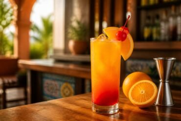 Classic Tequila Sunrise with orange juice, red grenadine gradient, ice, orange slice, and cherry.