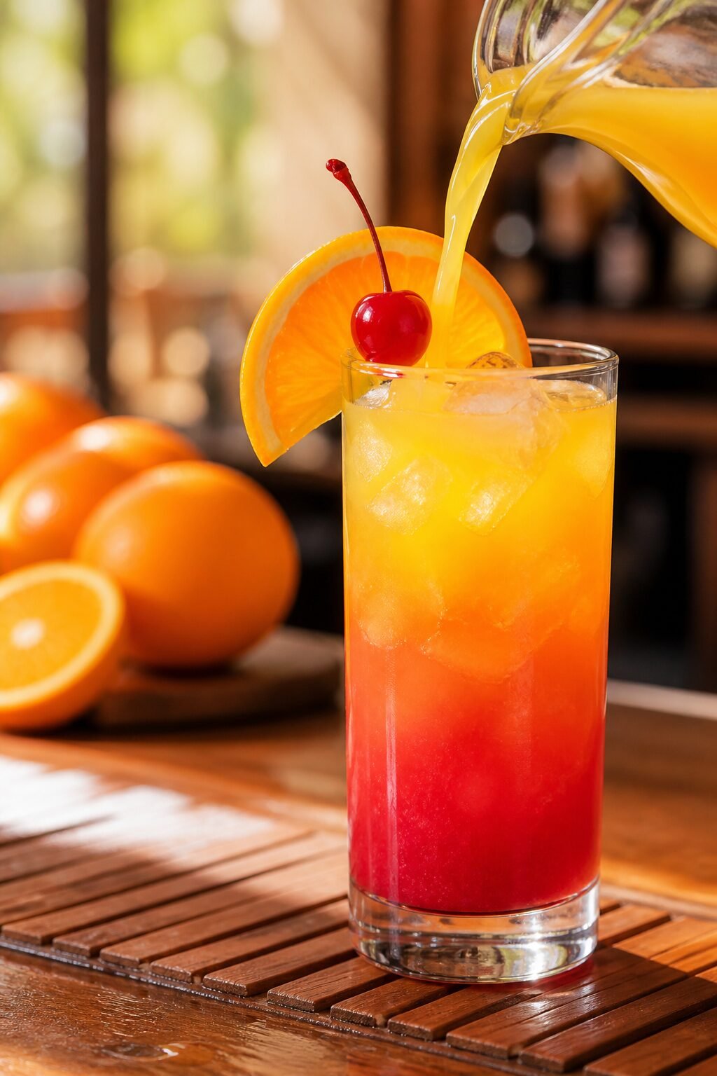 A Tequila Sunrise being poured over ice with orange juice, grenadine, orange slice, and cherry.