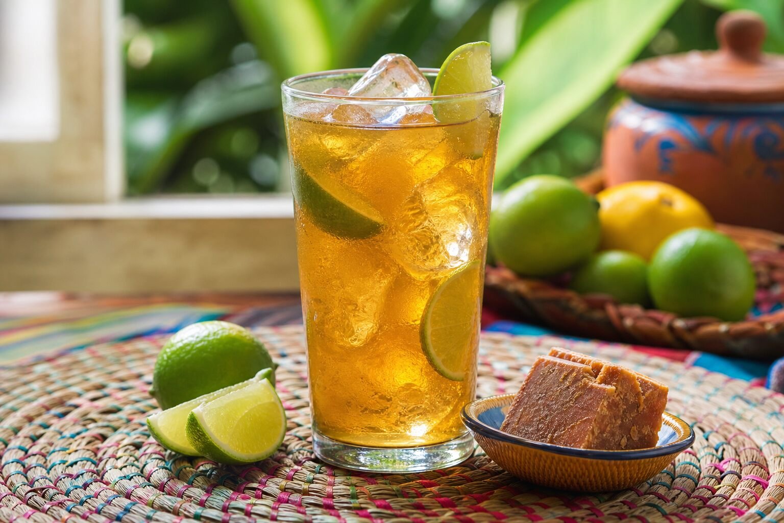 Chilled Colombian aguapanela with lime over ice, served with panela and fresh citrus on a colorful table.