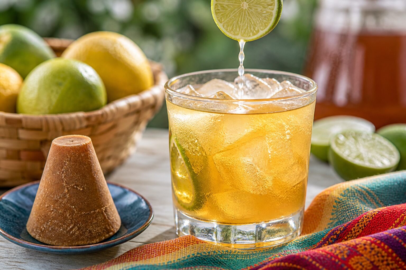 A chilled glass of Colombian aguapanela with lime over ice beside a small panela cone.