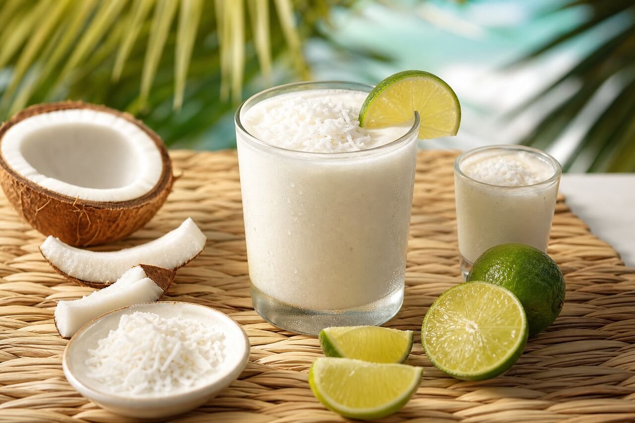 Chilled Colombian Limonada de Coco with lime, coconut, and a foamy top.