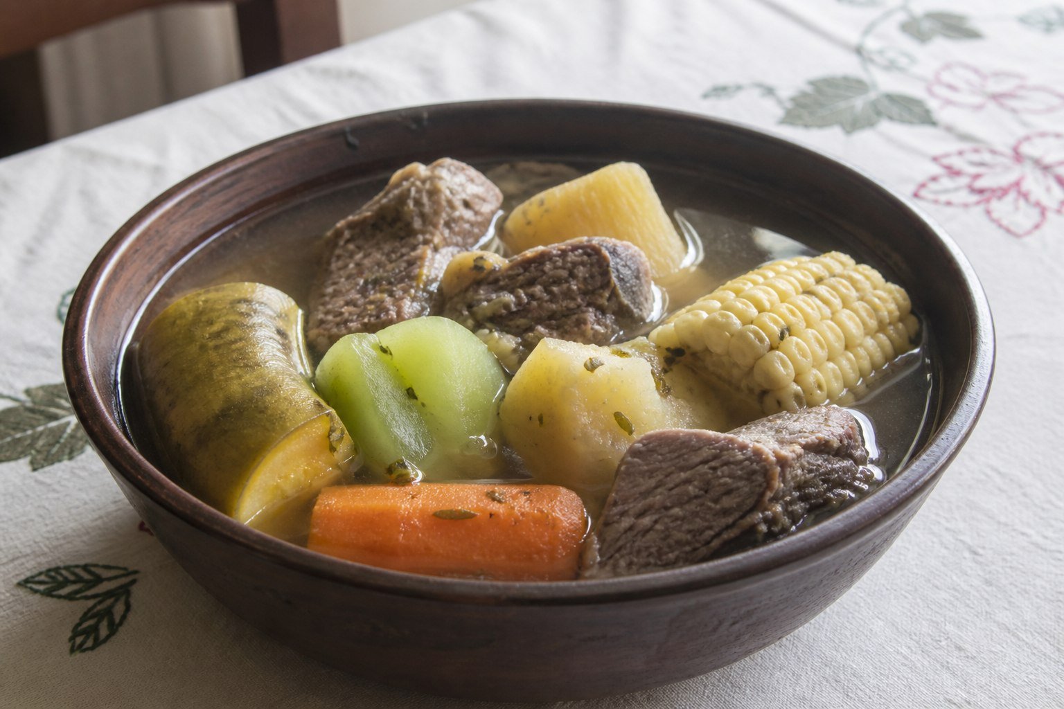 Costa Rican olla de carne with beef, yuca, plantain, corn, potato, chayote, carrot, and clear broth.