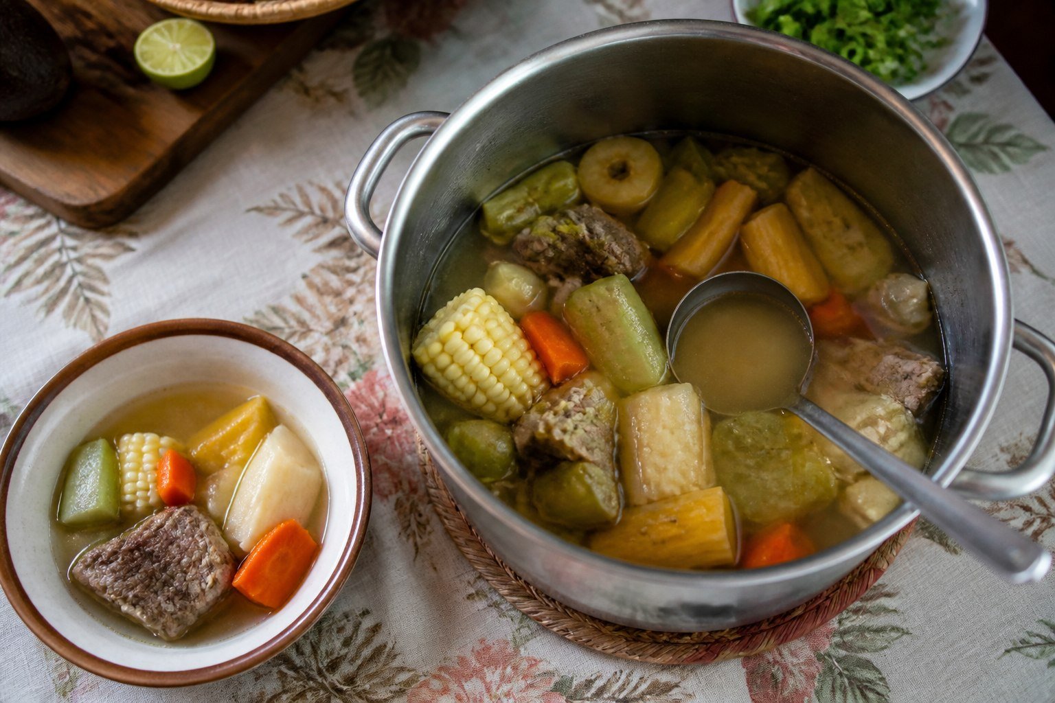 A family pot and bowl of Costa Rican beef and root-vegetable soup ready to serve.