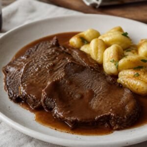 Croatian pasticada sliced in red wine sauce with potato gnocchi.