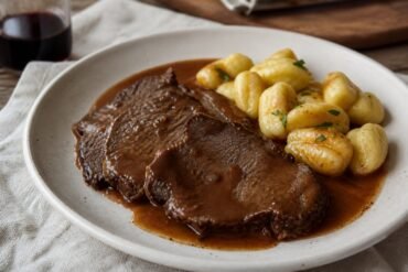 Croatian pasticada sliced in red wine sauce with potato gnocchi.