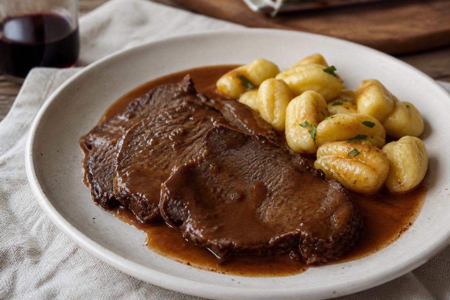 Croatian pasticada sliced in red wine sauce with potato gnocchi.