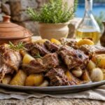 Croatian Peka with tender lamb, roasted potatoes, onions, carrots, and rosemary.