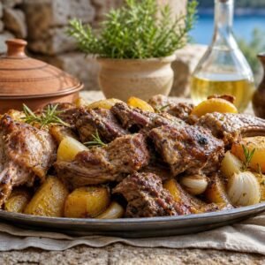 Croatian Peka with tender lamb, roasted potatoes, onions, carrots, and rosemary.