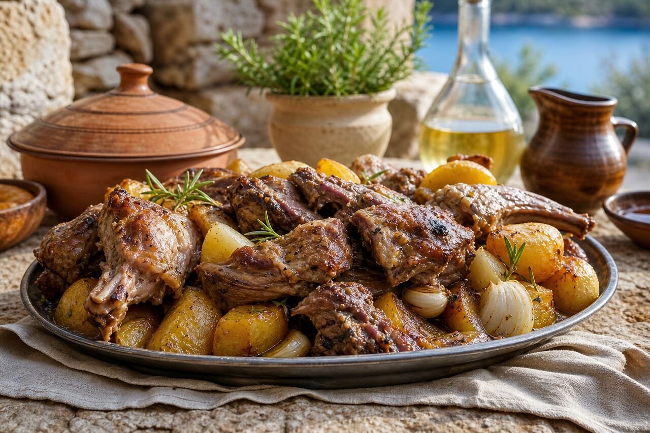 Croatian Peka with tender lamb, roasted potatoes, onions, carrots, and rosemary.
