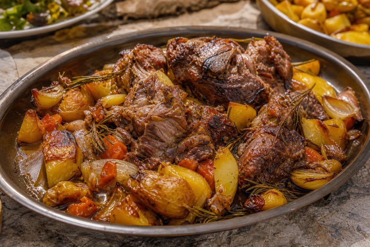A close serving of Croatian Peka with caramelized lamb, potatoes, onions, rosemary, and pan juices.