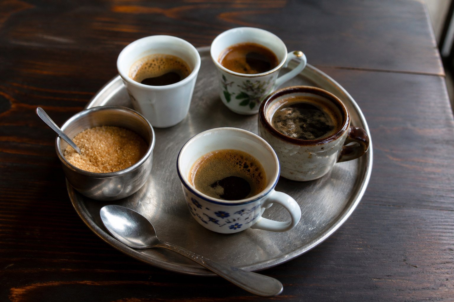 Four small cups of Cuban cafe cubano served on a tray with sugar.