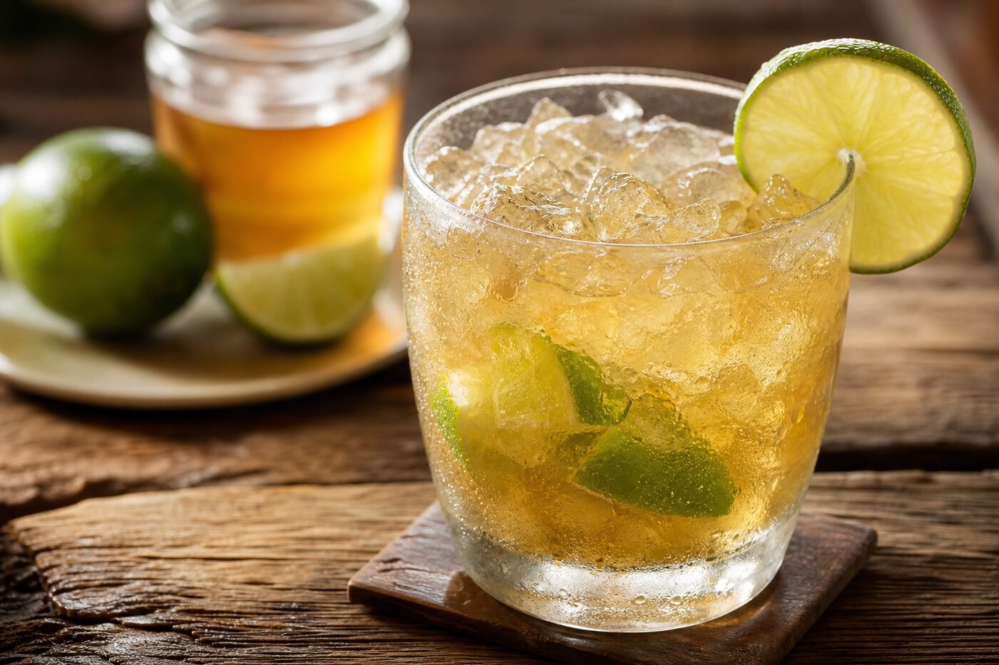 Close-up of a Cuban canchanchara cocktail with lime, honey, and condensation.
