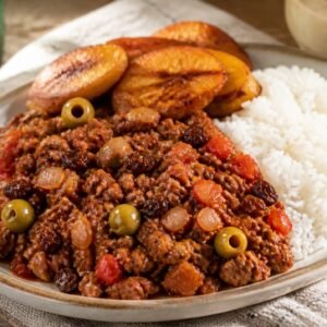 Cuban picadillo with ground beef, tomato sauce, olives, raisins, white rice, and fried plantains.