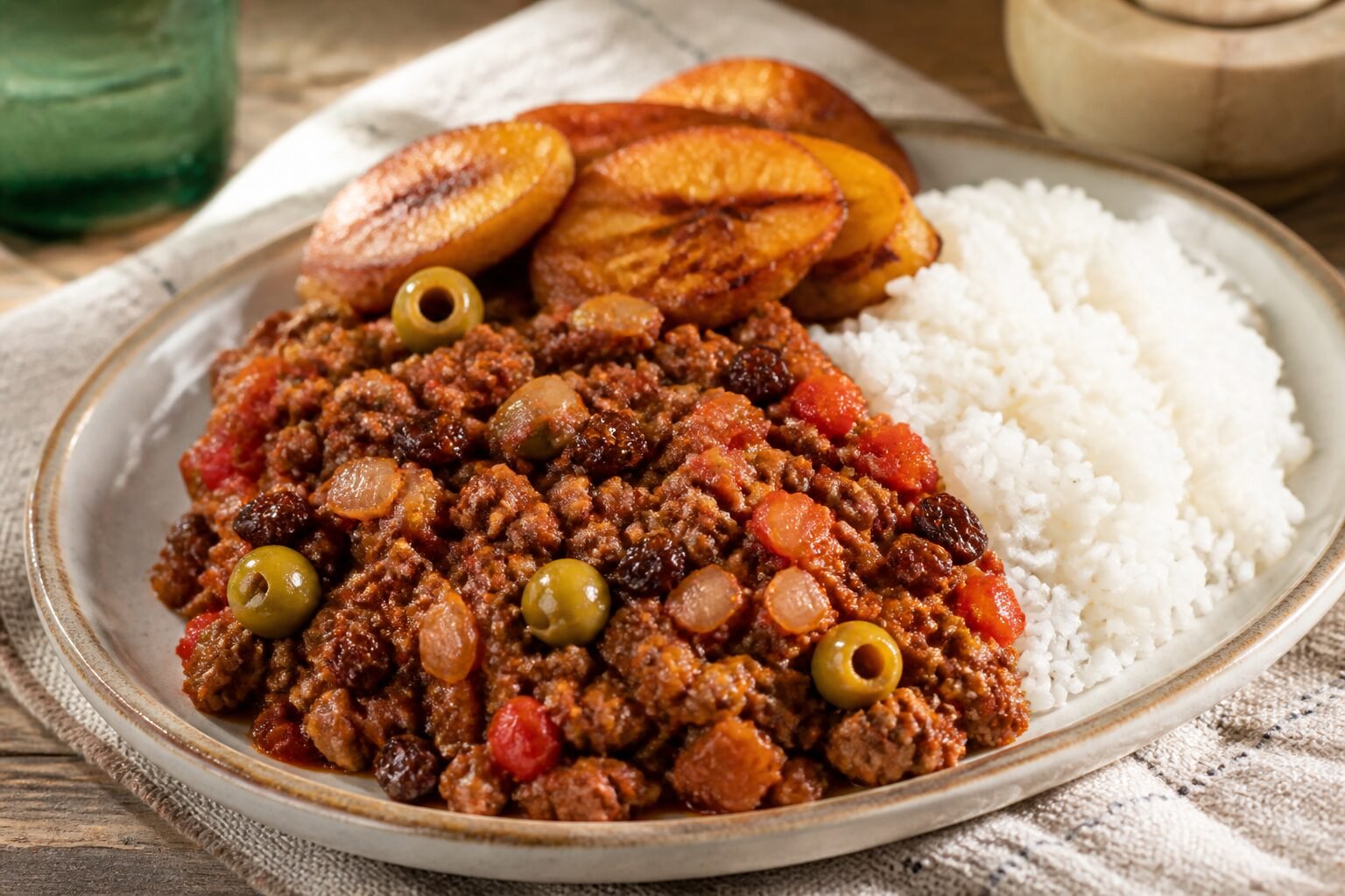 Cuban picadillo with ground beef, tomato sauce, olives, raisins, white rice, and fried plantains.