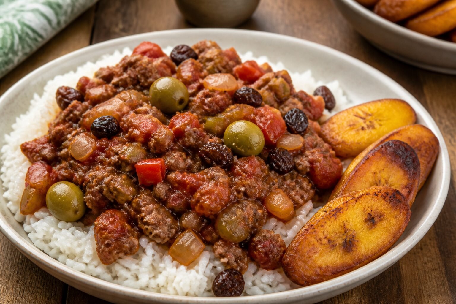 Cuban picadillo spooned over white rice with olives, raisins, tomato sauce, and fried plantains.