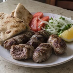 Grilled Cypriot sheftalia with pita, tomato, onion, parsley, and lemon.