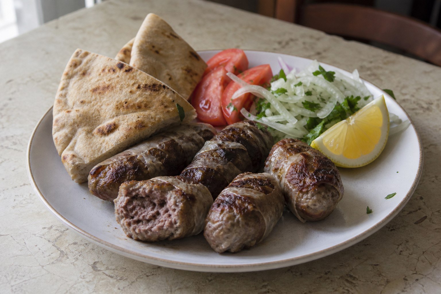 Grilled Cypriot sheftalia with pita, tomato, onion, parsley, and lemon.