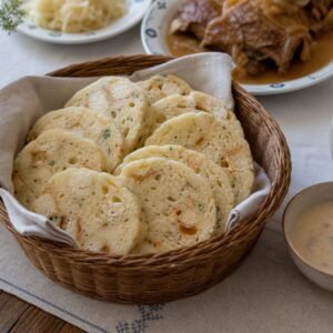 Sliced Czech bread dumplings, houskové knedlíky, stacked in a basket beside creamy sauce.