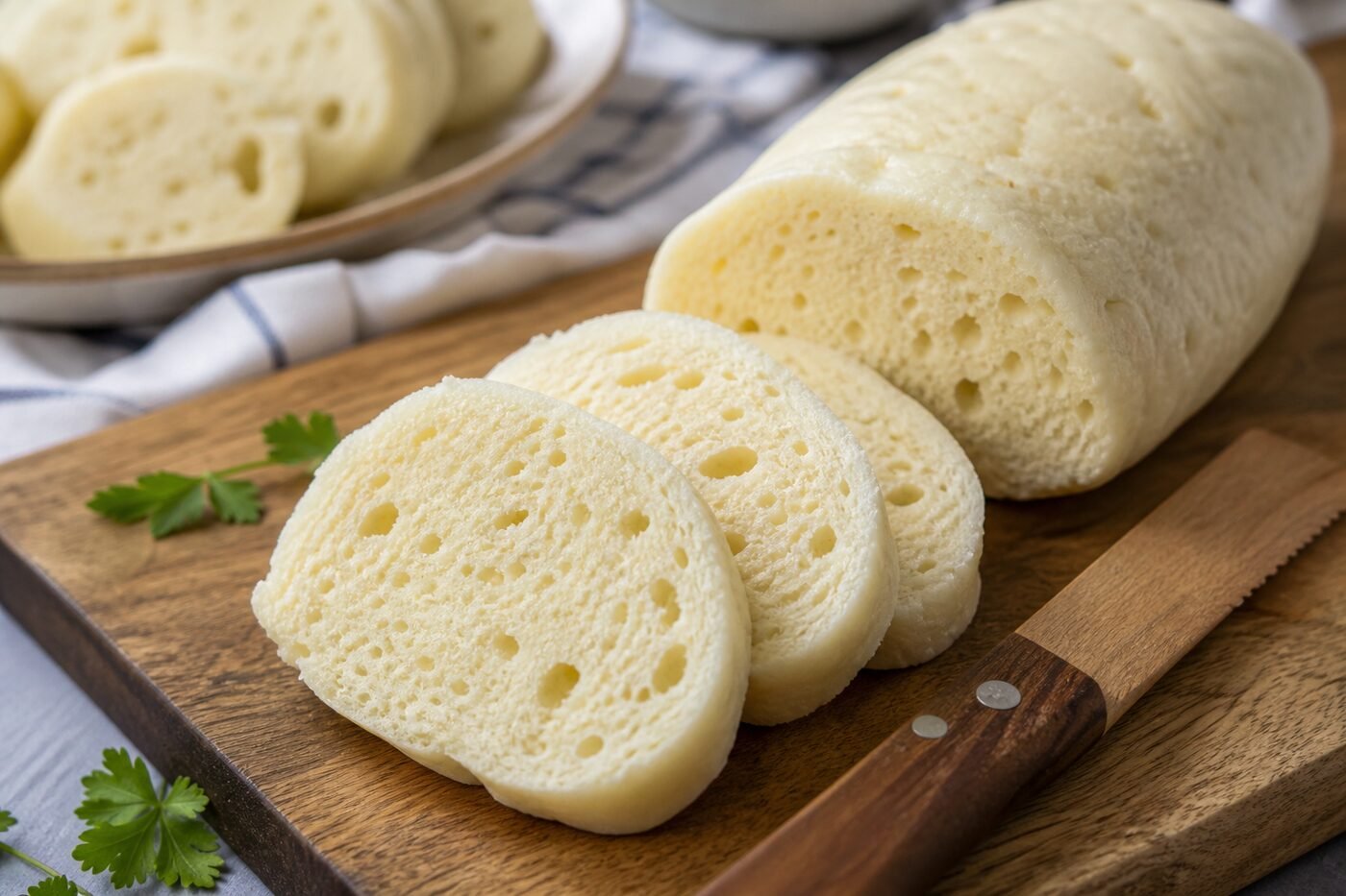 Czech bread dumplings being sliced to show their tender airy crumb.