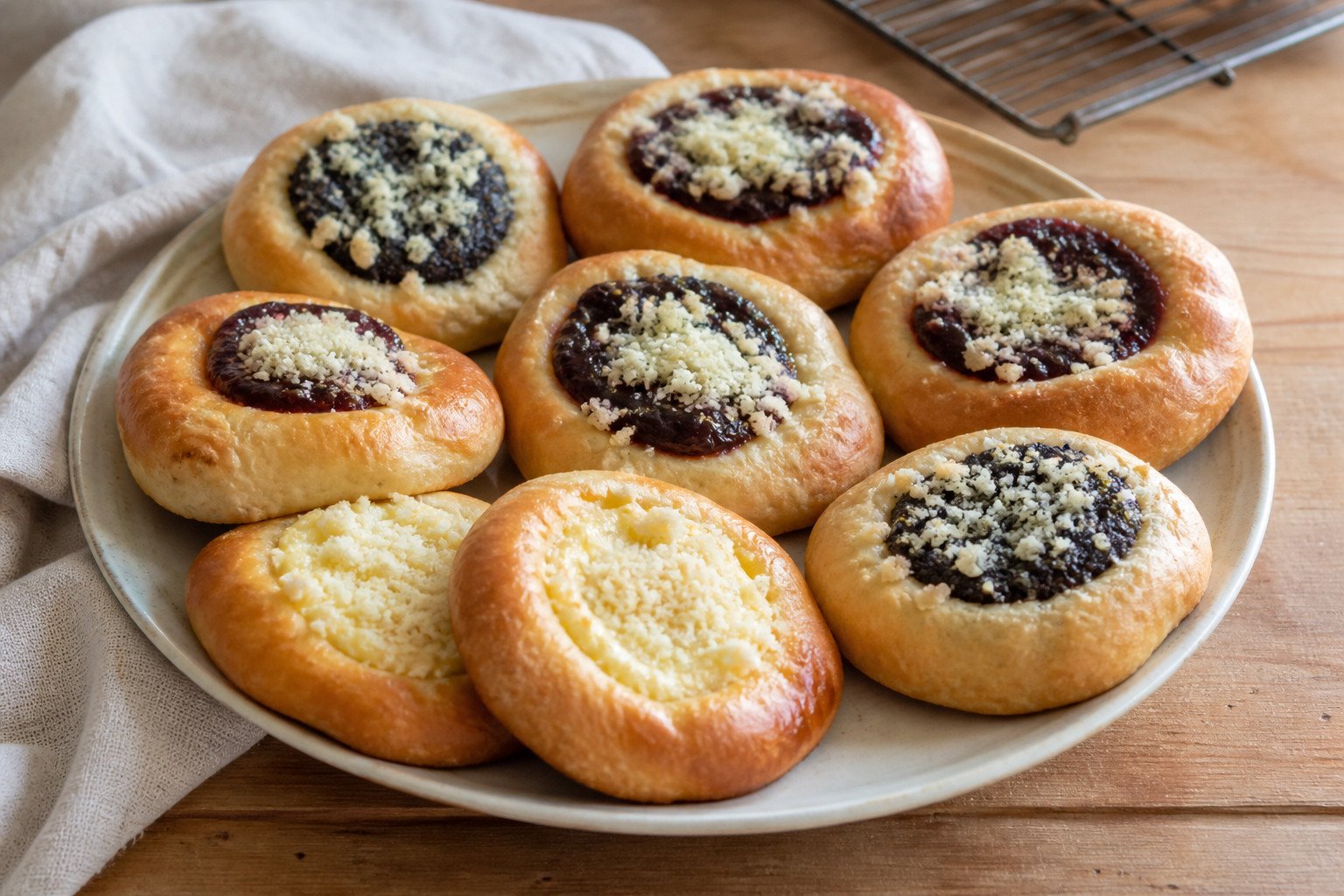 Czech kolache pastries with plum, poppy seed, and farmer-cheese fillings.