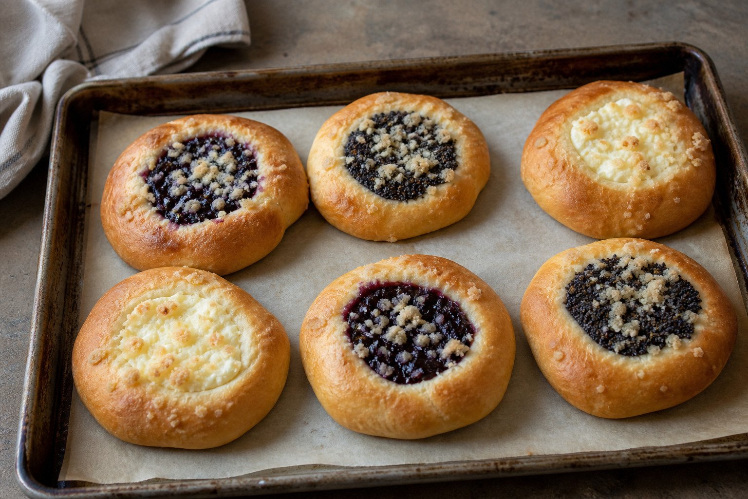 Freshly baked Czech kolache resting on a parchment-lined baking tray.