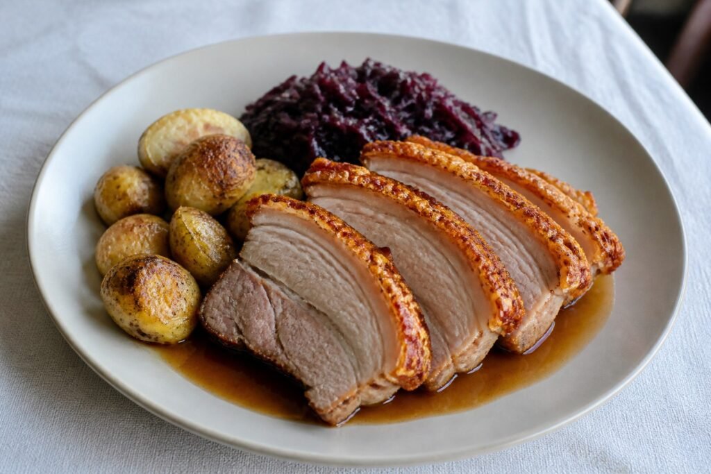 Sliced Danish flæskesteg with crisp rind, browned potatoes, red cabbage, and gravy.