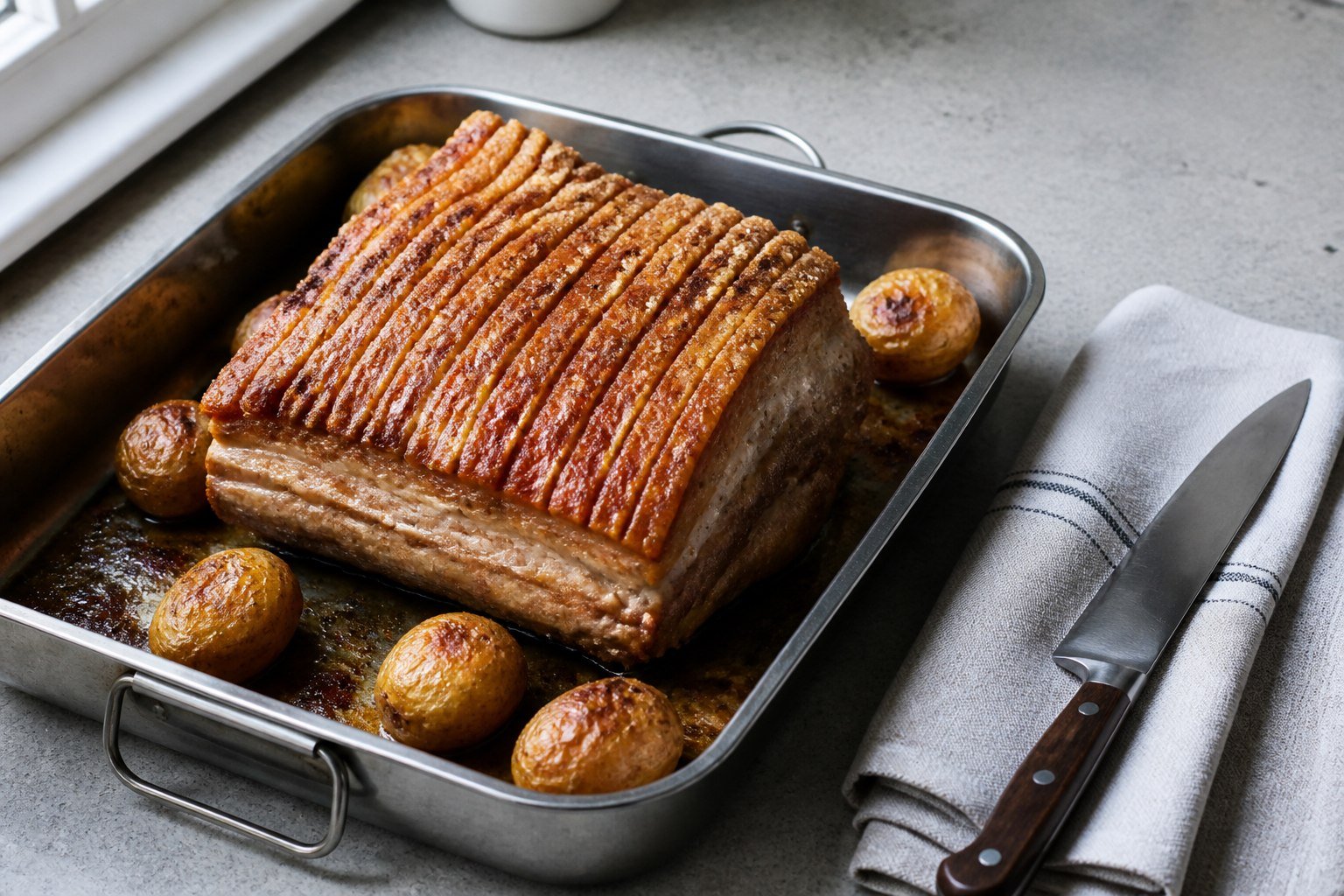 A whole Danish flæskesteg roast with deeply scored crisp rind in a metal roasting pan.