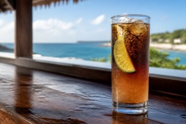 Dark n Stormy cocktail with dark rum layered over ginger beer, ice, bubbles, and a lime wedge.